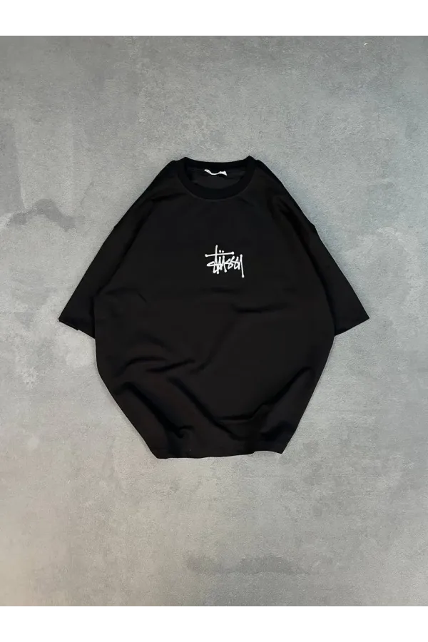 Unisex Bisiklet Yaka Baskılı Oversize T-Shirt - Siyah