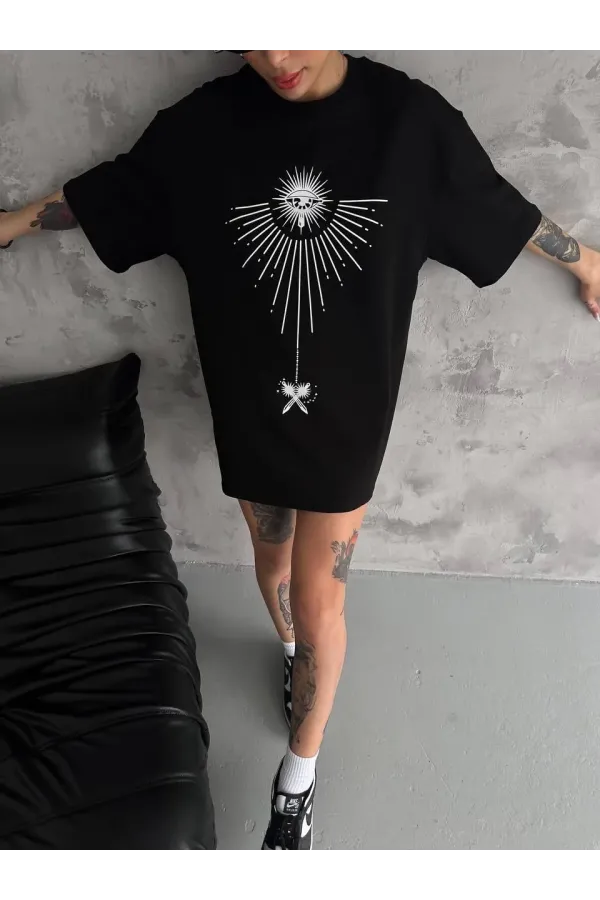 Unisex Bisiklet Yaka Baskılı Oversize T-Shirt - Siyah