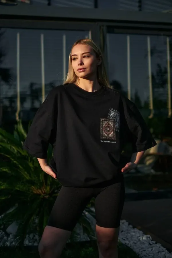 Unisex Bisiklet Yaka Baskılı Oversize T-Shirt - Siyah