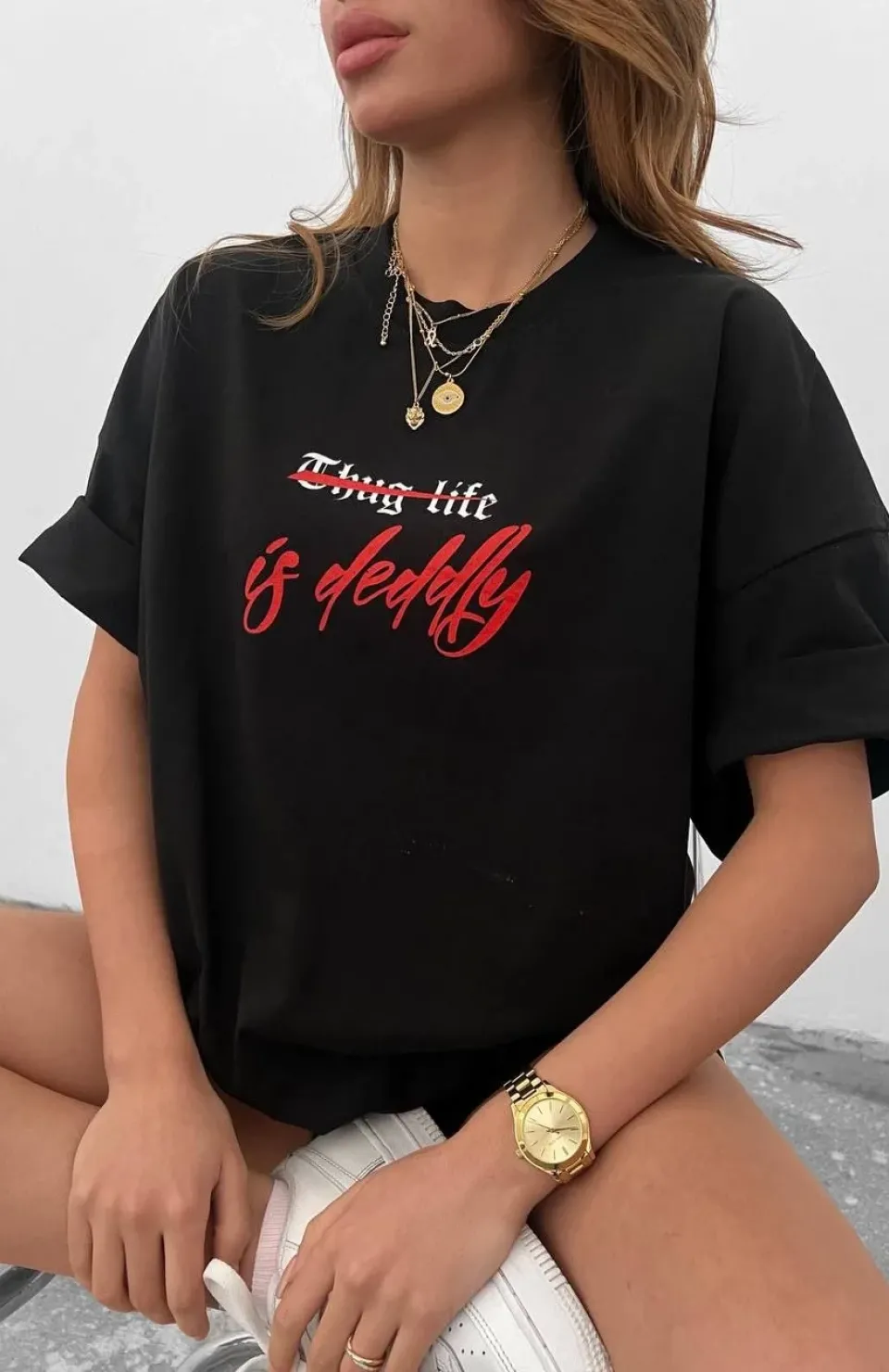 Unisex Bisiklet Yaka Baskılı Oversize T-Shirt - Siyah Somersan Giyim | Kadın, Erkek ve Çocuk Moda