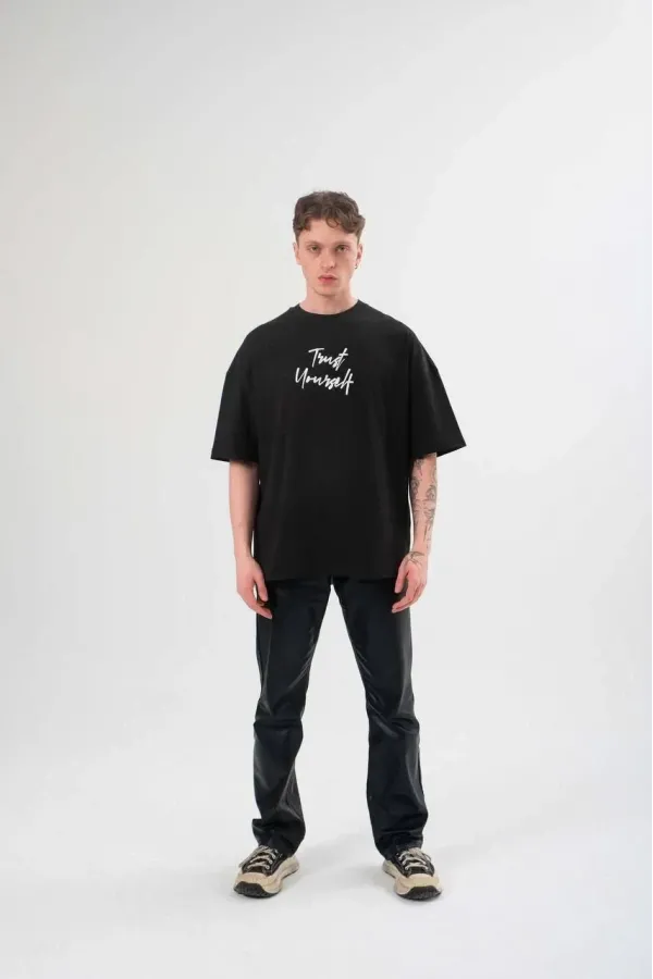 Unisex Bisiklet Yaka Baskılı Oversize T-Shirt - Siyah