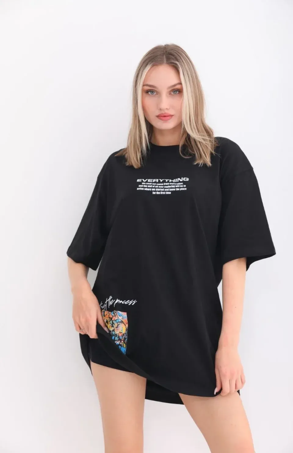 Unisex Bisiklet Yaka Baskılı Oversize T-Shirt - Siyah Somersan Giyim | Kadın, Erkek ve Çocuk Moda