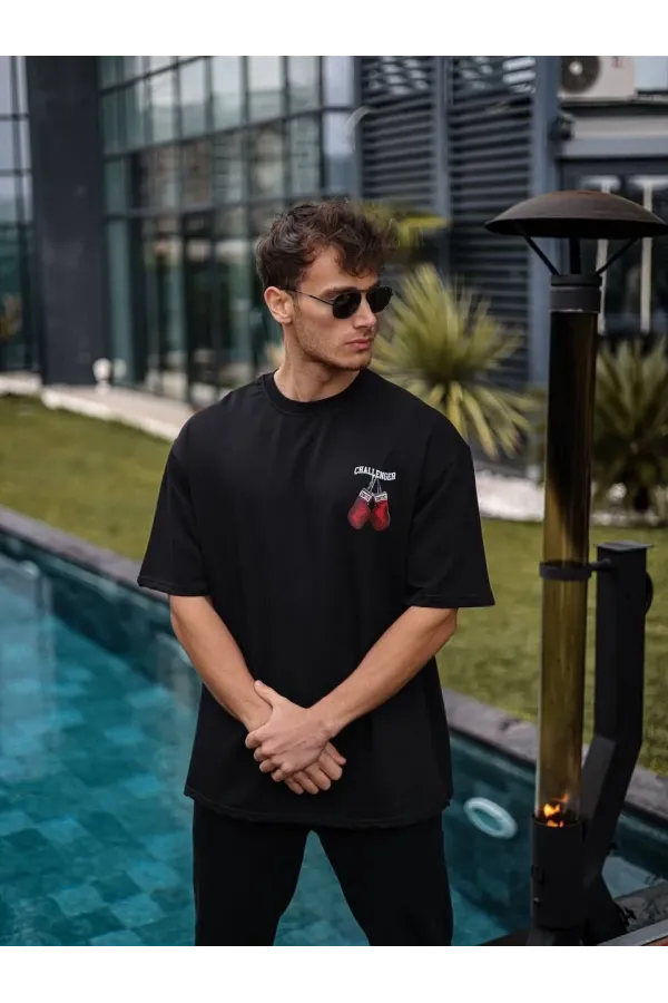 Unisex Bisiklet Yaka Baskılı Oversize T-Shirt - Siyah