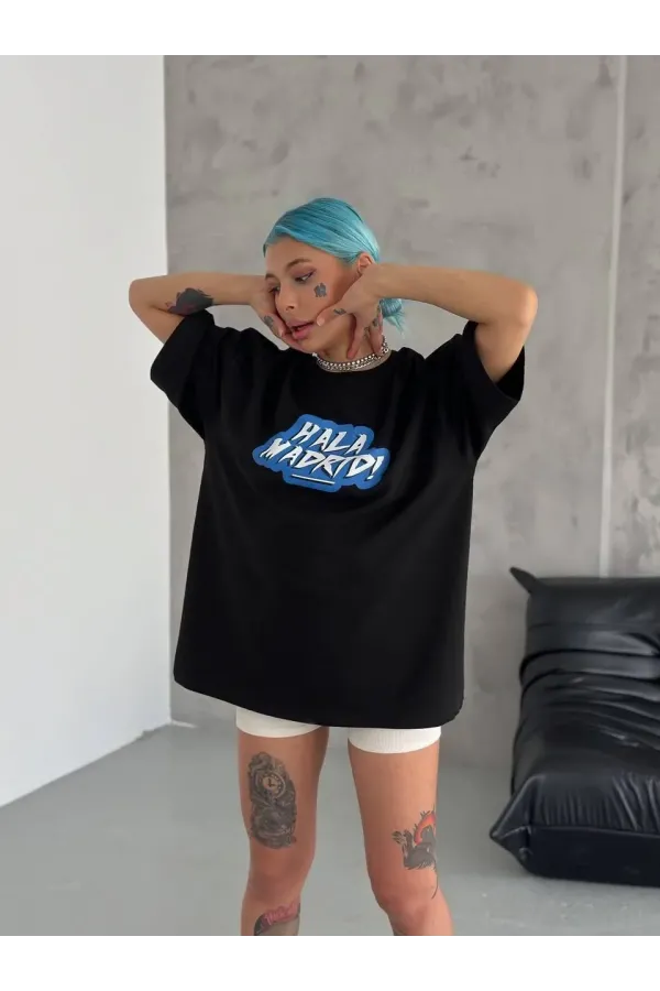 Unisex Bisiklet Yaka Baskılı Oversize T-Shirt - Siyah