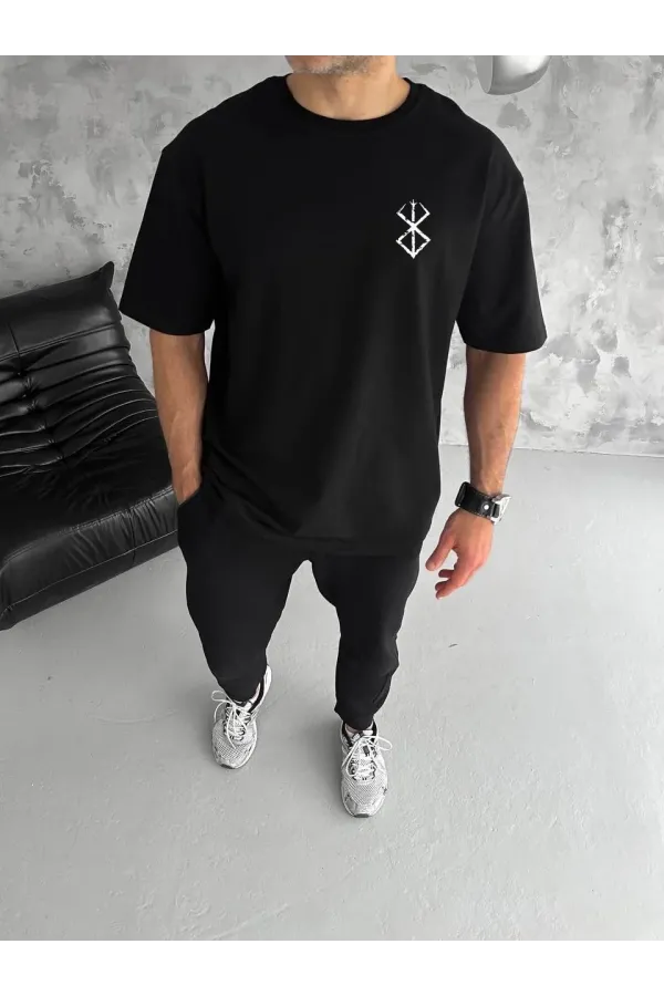 Unisex Bisiklet Yaka Baskılı Oversize T-Shirt - Siyah