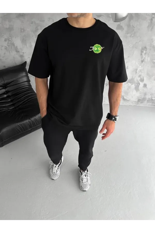 Unisex Bisiklet Yaka Baskılı Oversize T-Shirt - Siyah