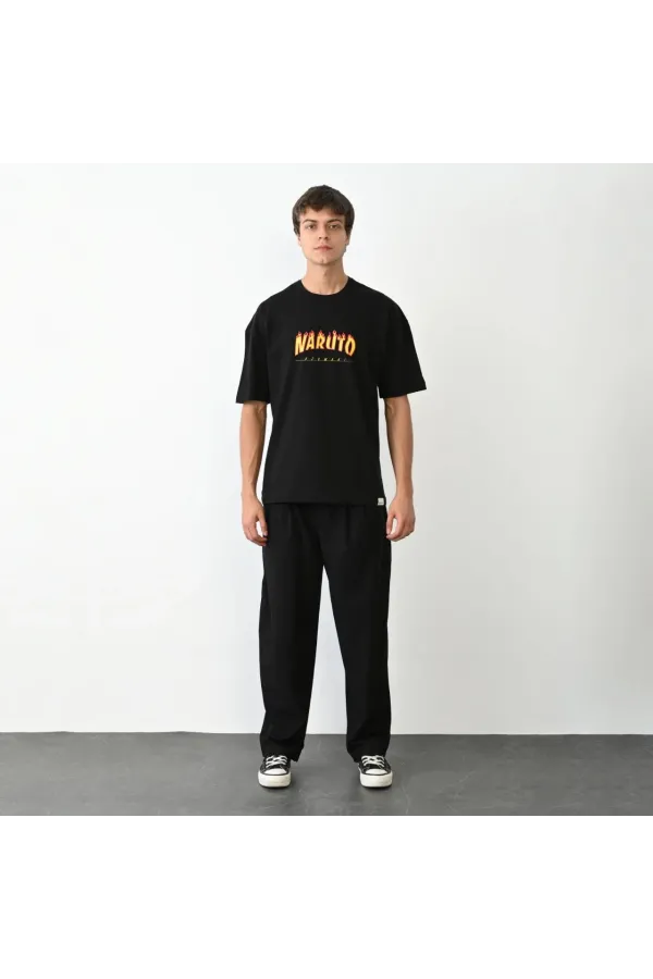 Unisex Bisiklet Yaka Baskılı Oversize T-Shirt - Siyah