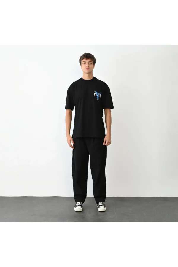 Unisex Bisiklet Yaka Baskılı Oversize T-Shirt - Siyah