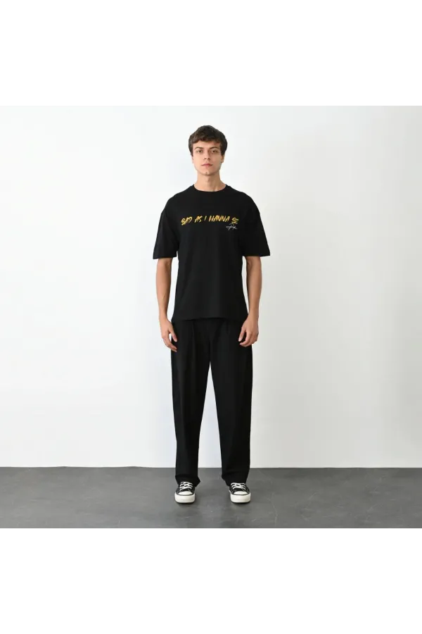 Unisex Bisiklet Yaka Baskılı Oversize T-Shirt - Siyah