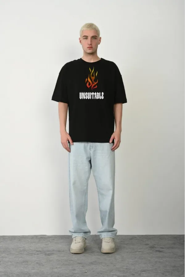 Unisex Bisiklet Yaka Baskılı Oversize T-Shirt - Siyah