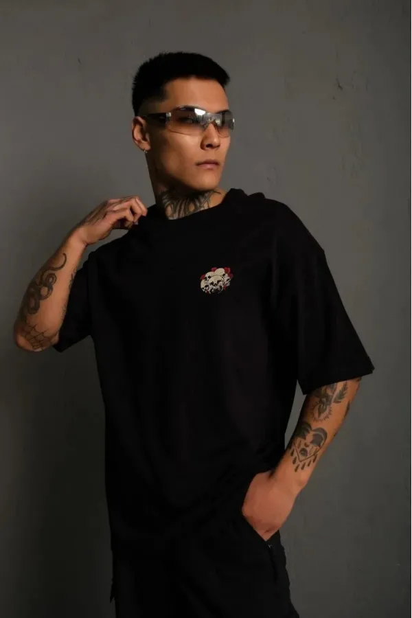 Unisex Bisiklet Yaka Baskılı Oversize T-Shirt - Siyah