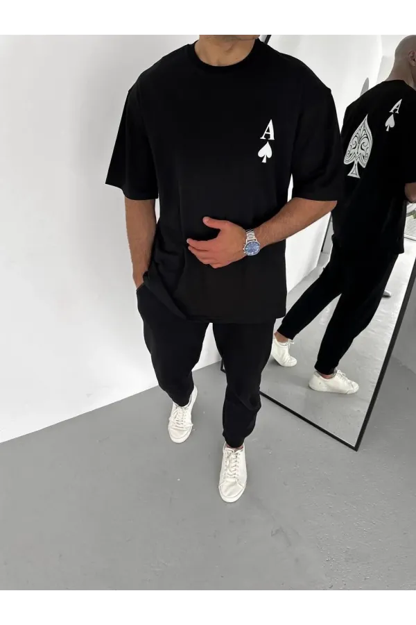 Unisex Bisiklet Yaka Baskılı Oversize T-Shirt - Siyah