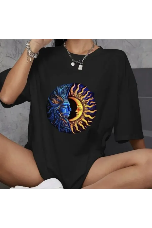 Unisex Bisiklet Yaka Baskılı Oversize T-Shirt - Siyah