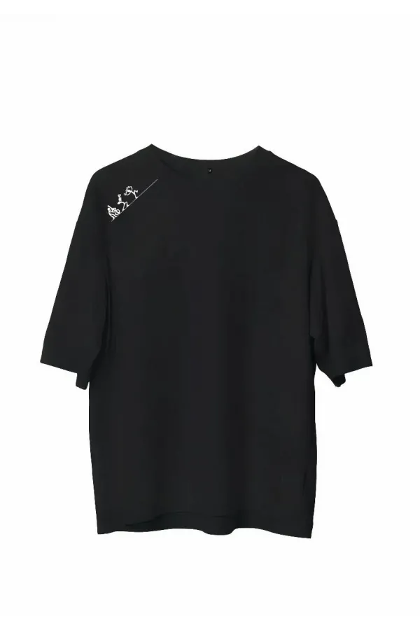 Unisex Bisiklet Yaka Baskılı Oversize T-Shirt - Siyah