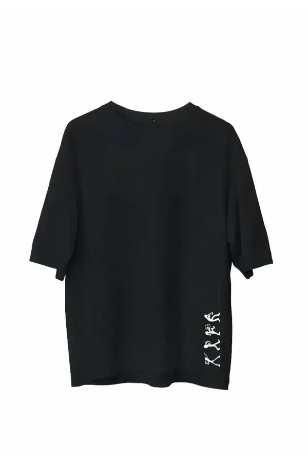 Unisex Bisiklet Yaka Baskılı Oversize T-Shirt - Siyah