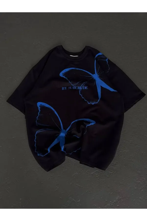 Unisex Bisiklet Yaka Baskılı Oversize T-Shirt - Siyah