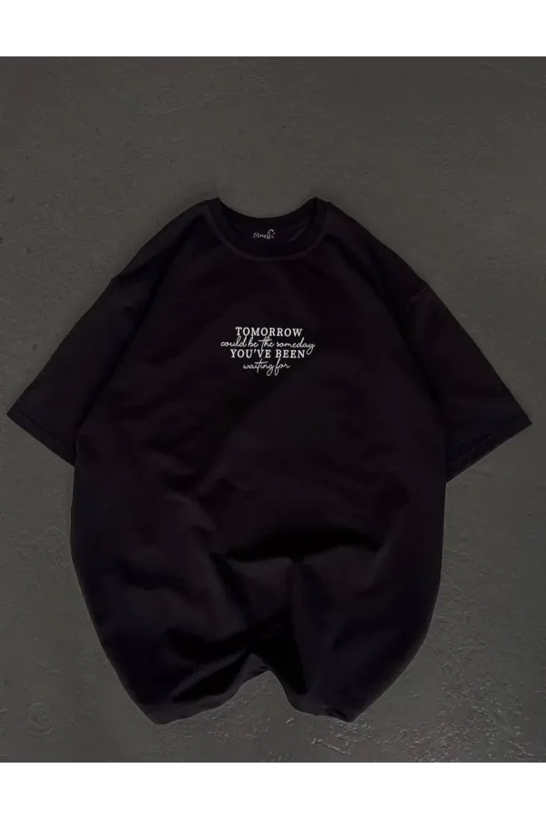 Unisex Bisiklet Yaka Baskılı Oversize T-Shirt - Siyah