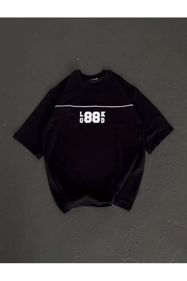 Unisex Bisiklet Yaka Baskılı Oversize T-Shirt - Siyah