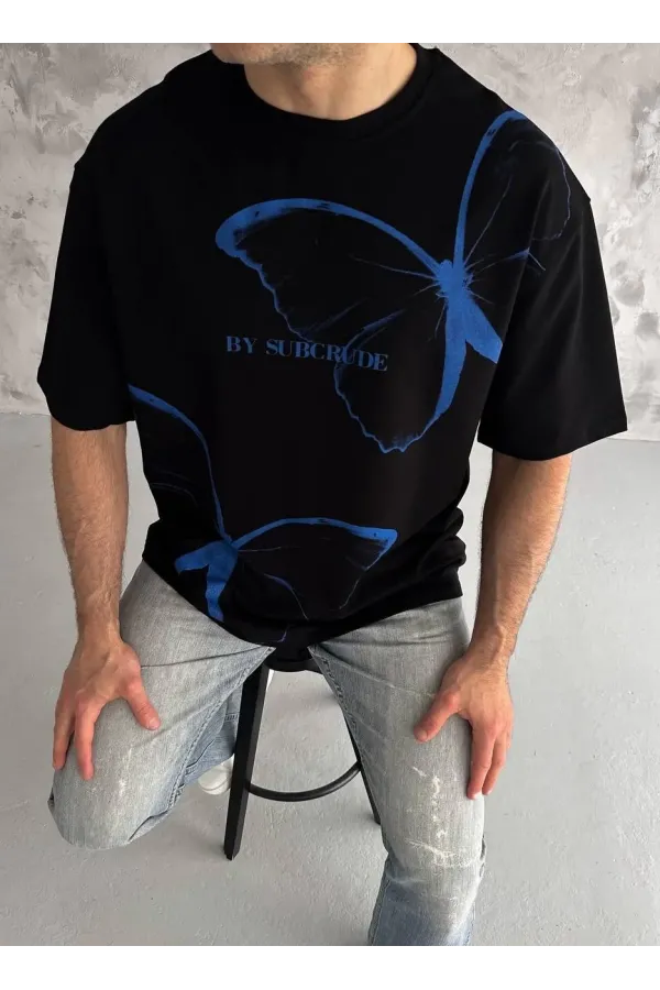 Unisex Bisiklet Yaka Baskılı Oversize T-Shirt - Siyah