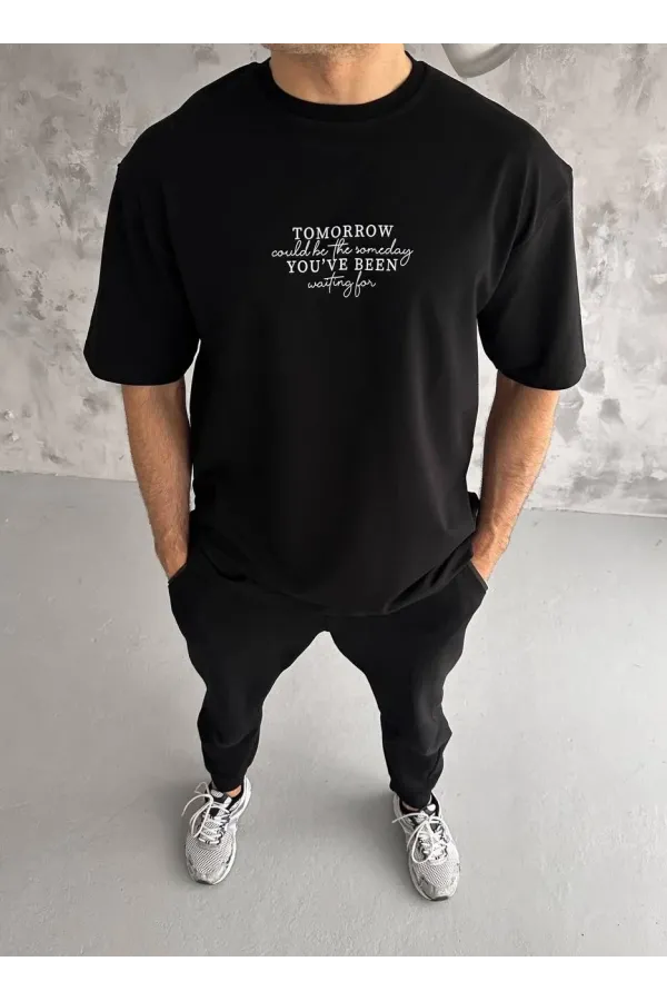 Unisex Bisiklet Yaka Baskılı Oversize T-Shirt - Siyah