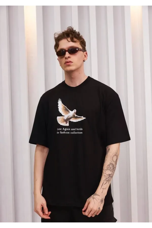 Unisex Bisiklet Yaka Baskılı Oversize T-Shirt - Siyah