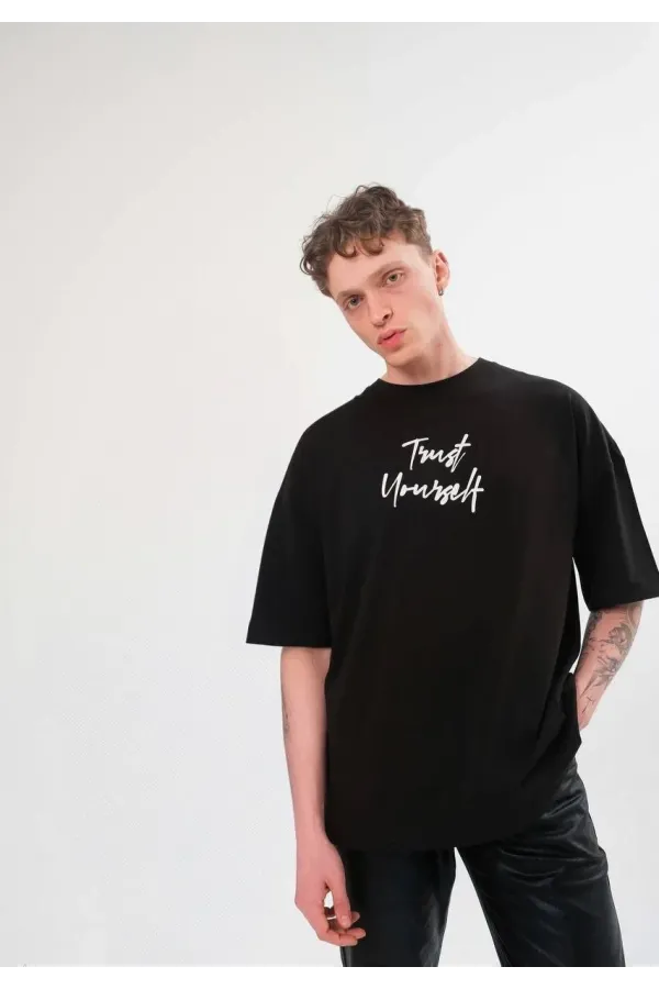 Unisex Bisiklet Yaka Baskılı Oversize T-Shirt - Siyah