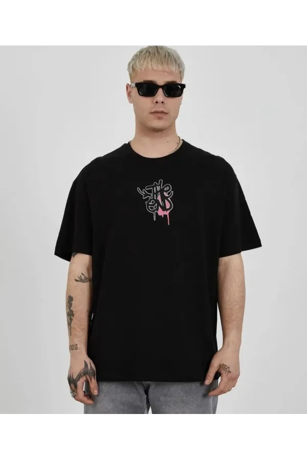 Unisex Bisiklet Yaka Baskılı Oversize T-Shirt - Siyah