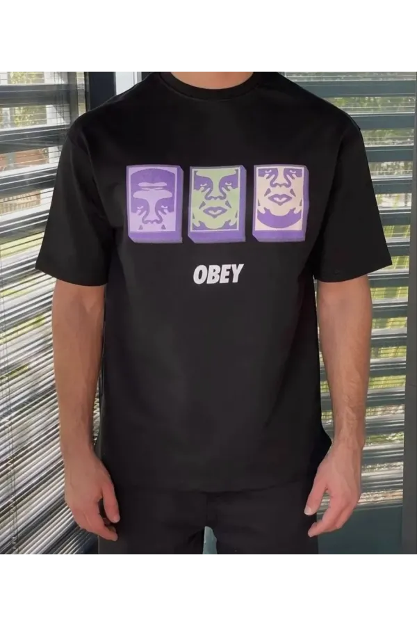 Unisex Bisiklet Yaka Baskılı Oversize T-Shirt - Siyah