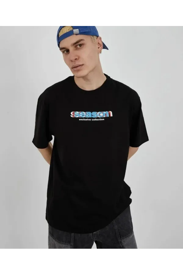 Unisex Bisiklet Yaka Baskılı Oversize T-Shirt - Siyah