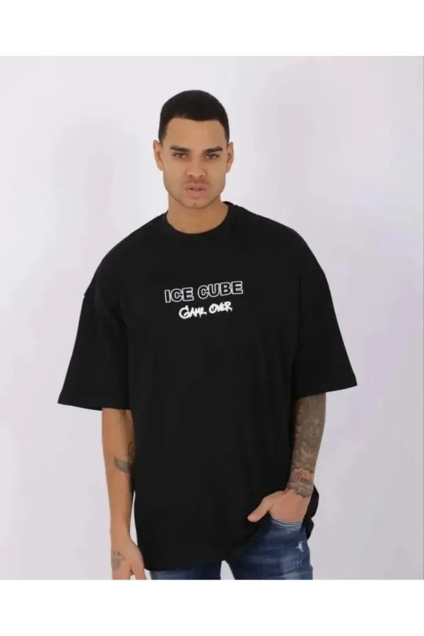 Unisex Bisiklet Yaka Baskılı Oversize T-Shirt - Siyah