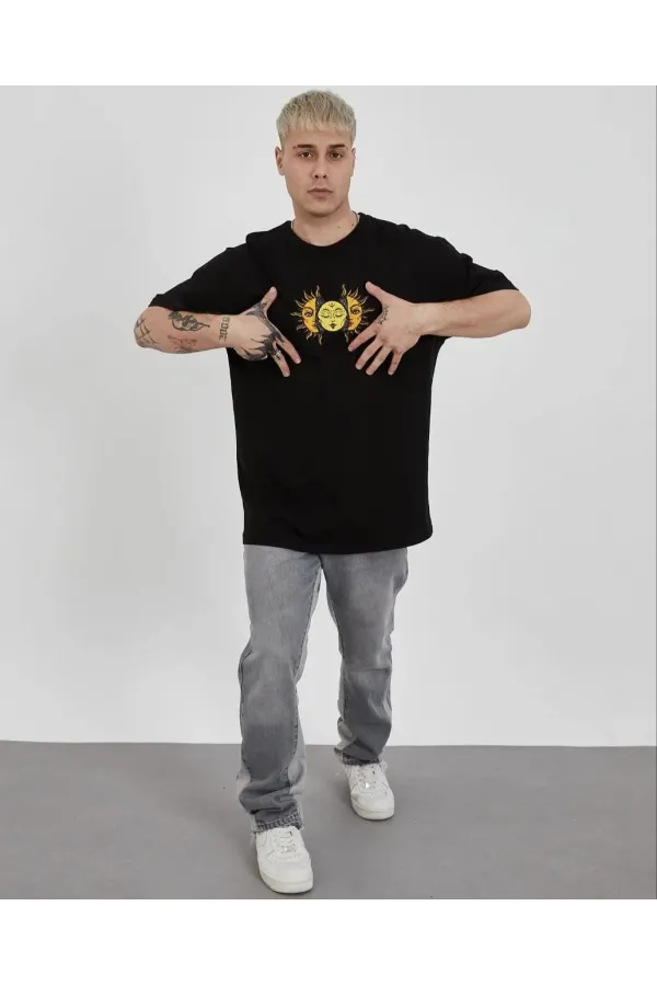 Unisex Bisiklet Yaka Baskılı Oversize T-Shirt - Siyah