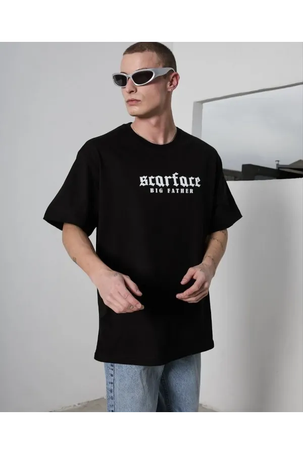 Unisex Bisiklet Yaka Baskılı Oversize T-Shirt - Siyah