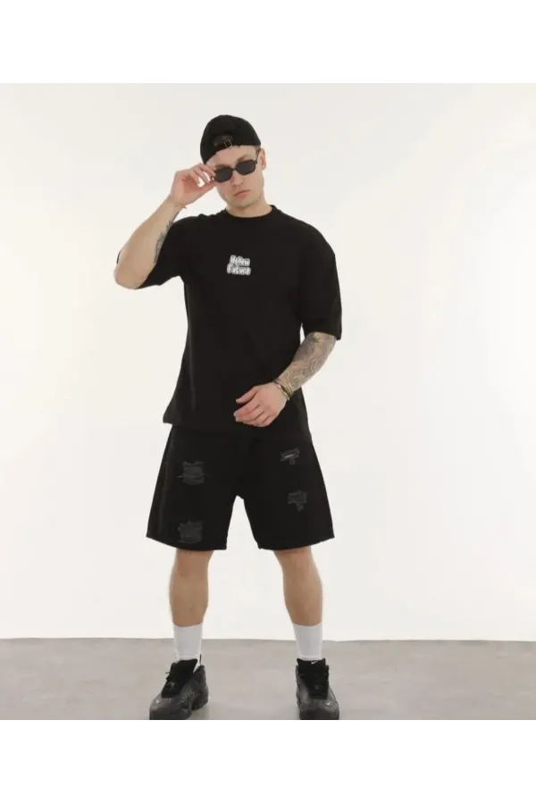 Unisex Bisiklet Yaka Baskılı Oversize T-Shirt - Siyah