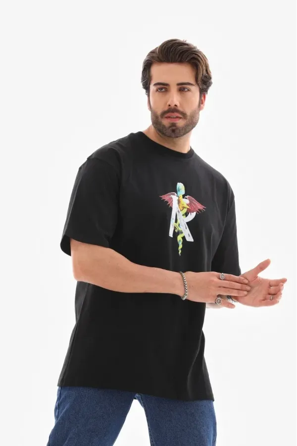 Unisex Bisiklet Yaka Baskılı Oversize T-Shirt - Siyah