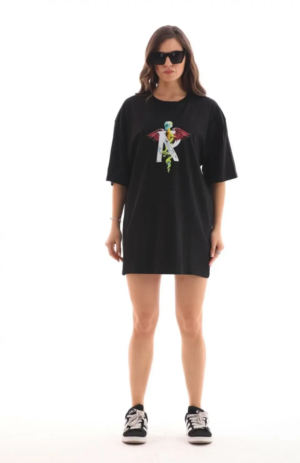 Unisex Bisiklet Yaka Baskılı Oversize T-Shirt - Siyah Somersan Giyim | Kadın, Erkek ve Çocuk Moda