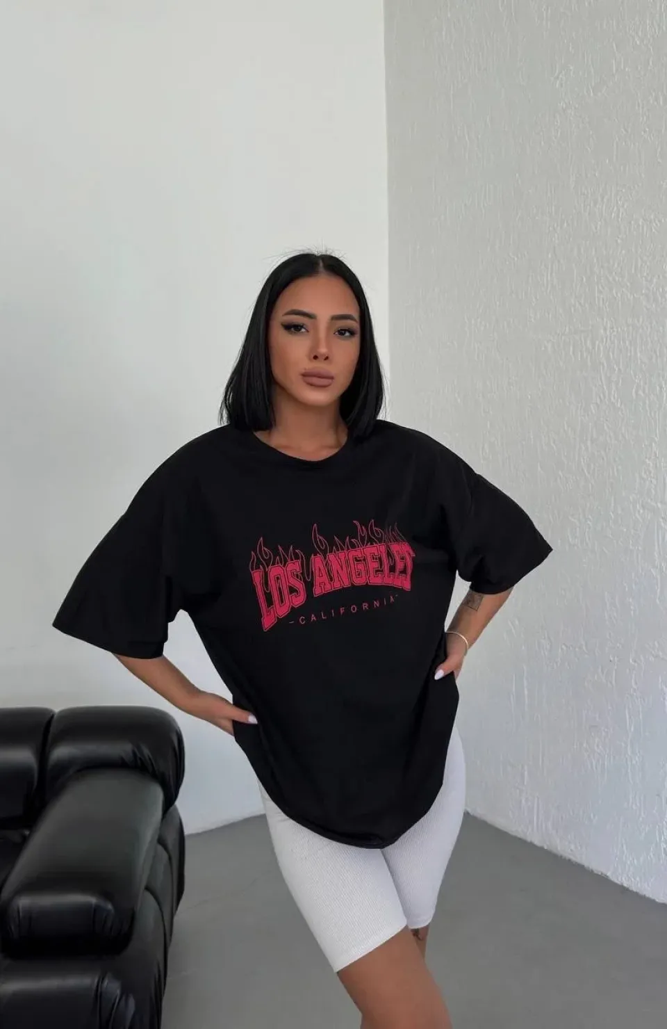 Unisex Bisiklet Yaka Baskılı Oversize T-Shirt - Siyah Somersan Giyim | Kadın, Erkek ve Çocuk Moda