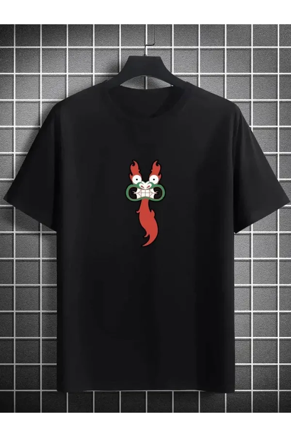 Unisex Bisiklet Yaka Baskılı Oversize T-Shirt - Siyah