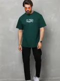 Unisex Bisiklet Yaka Baskılı Oversize T-Shirt - Yeşil