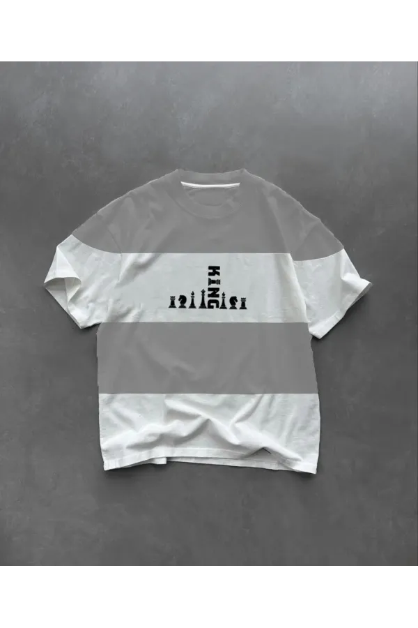 Unisex Bisiklet Yaka Baskılı Parçalı Oversize T-Shirt - Gri