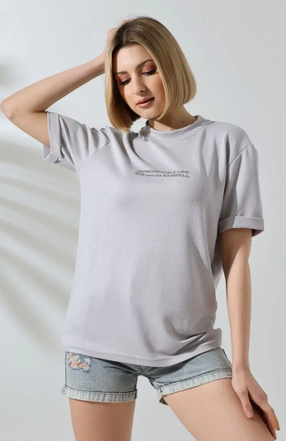 Unisex Bisiklet Yaka Baskılı Slim Fit T-Shirt - Boyalı Gri