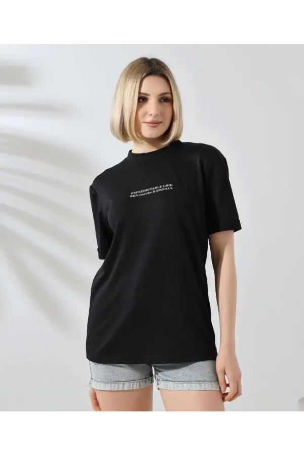 Unisex Bisiklet Yaka Baskılı Slim Fit T-Shirt - Siyah
