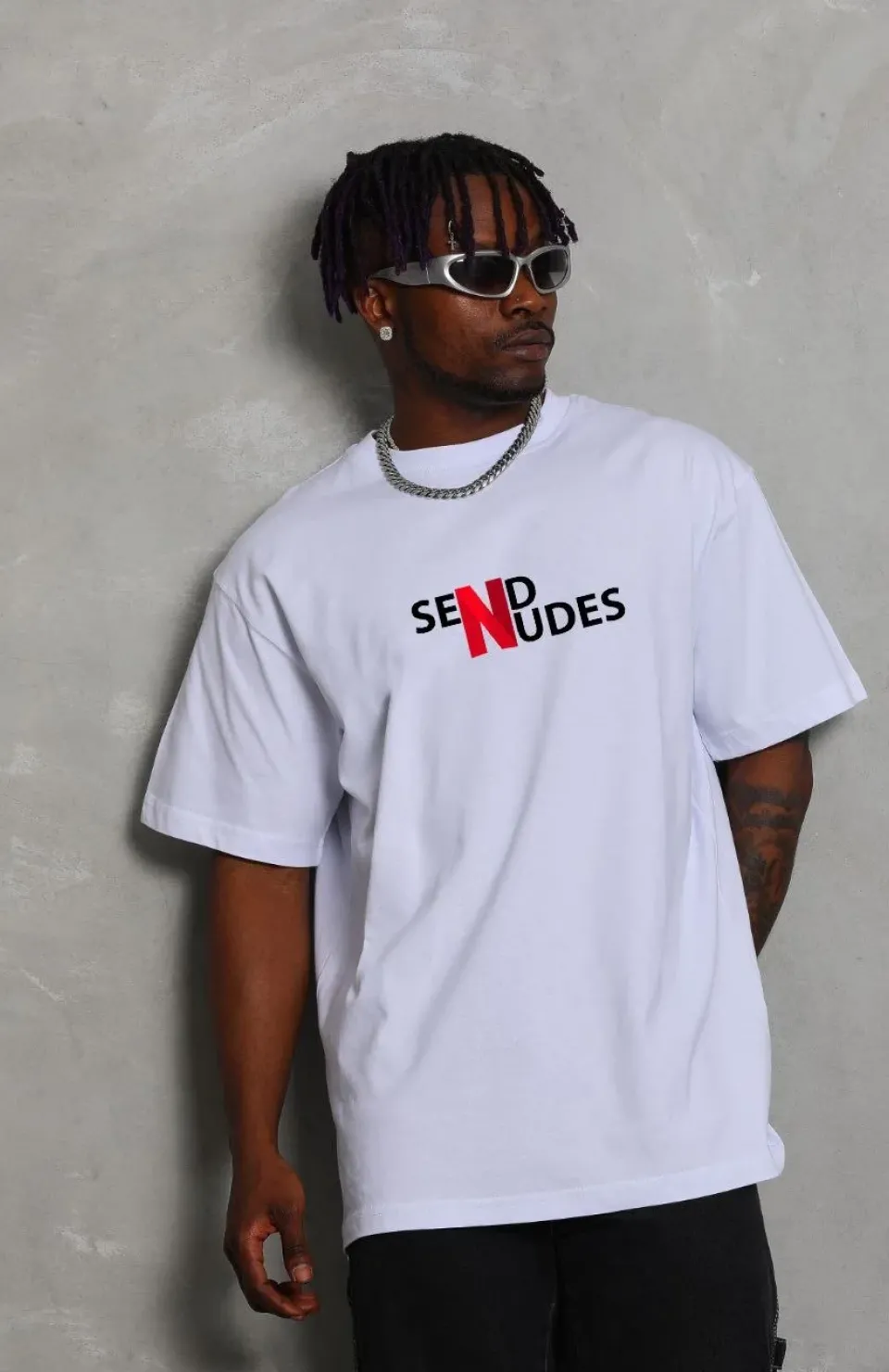 Unisex Bisiklet Yaka Double Oversize Baskılı T-Shirt - Beyaz