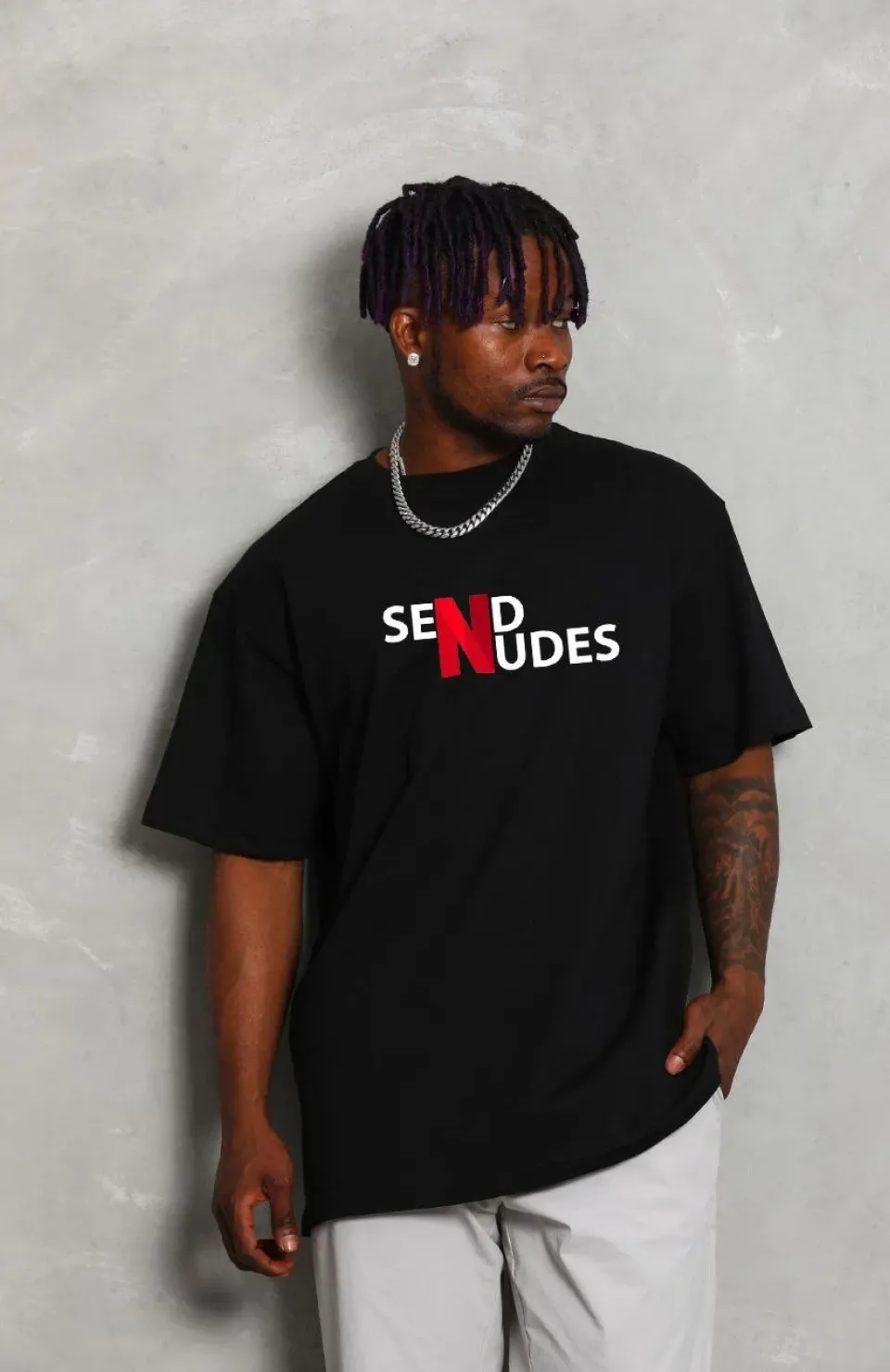 Unisex Bisiklet Yaka Double Oversize Baskılı T-Shirt - Siyah