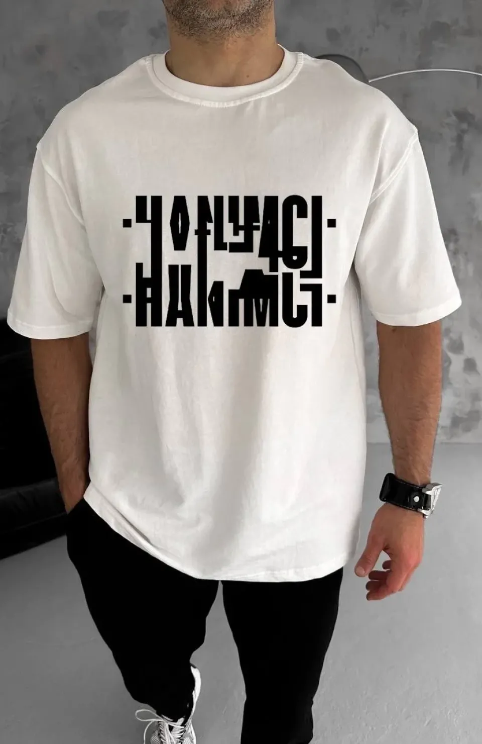 Unisex Bisiklet Yaka Katlanan Baskılı T-Shirt - Beyaz