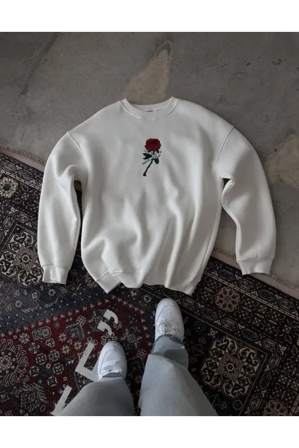Unisex Bisiklet Yaka Ön Ve Arka Baskılı SweatShirt - Beyaz