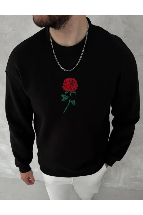 Unisex Bisiklet Yaka Ön Ve Arka Baskılı SweatShirt - Siyah