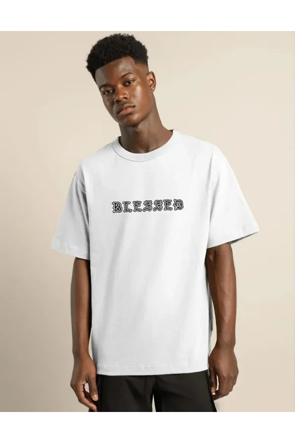 Unisex Bisiklet Yaka Oversize Baskılı T-Shirt - Beyaz