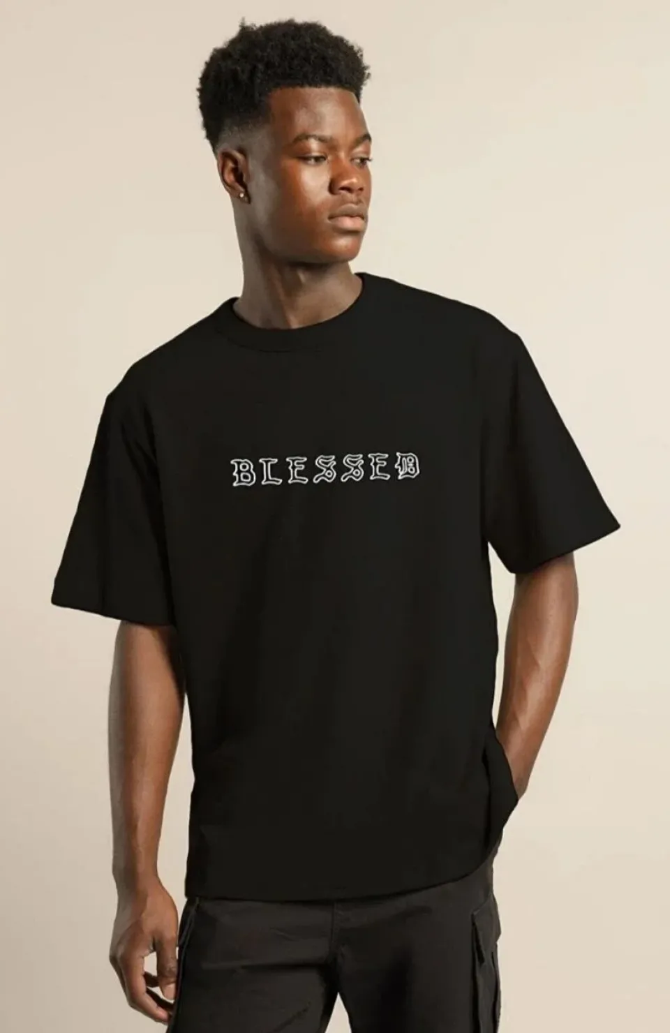 Unisex Bisiklet Yaka Oversize Baskılı T-Shirt - Siyah