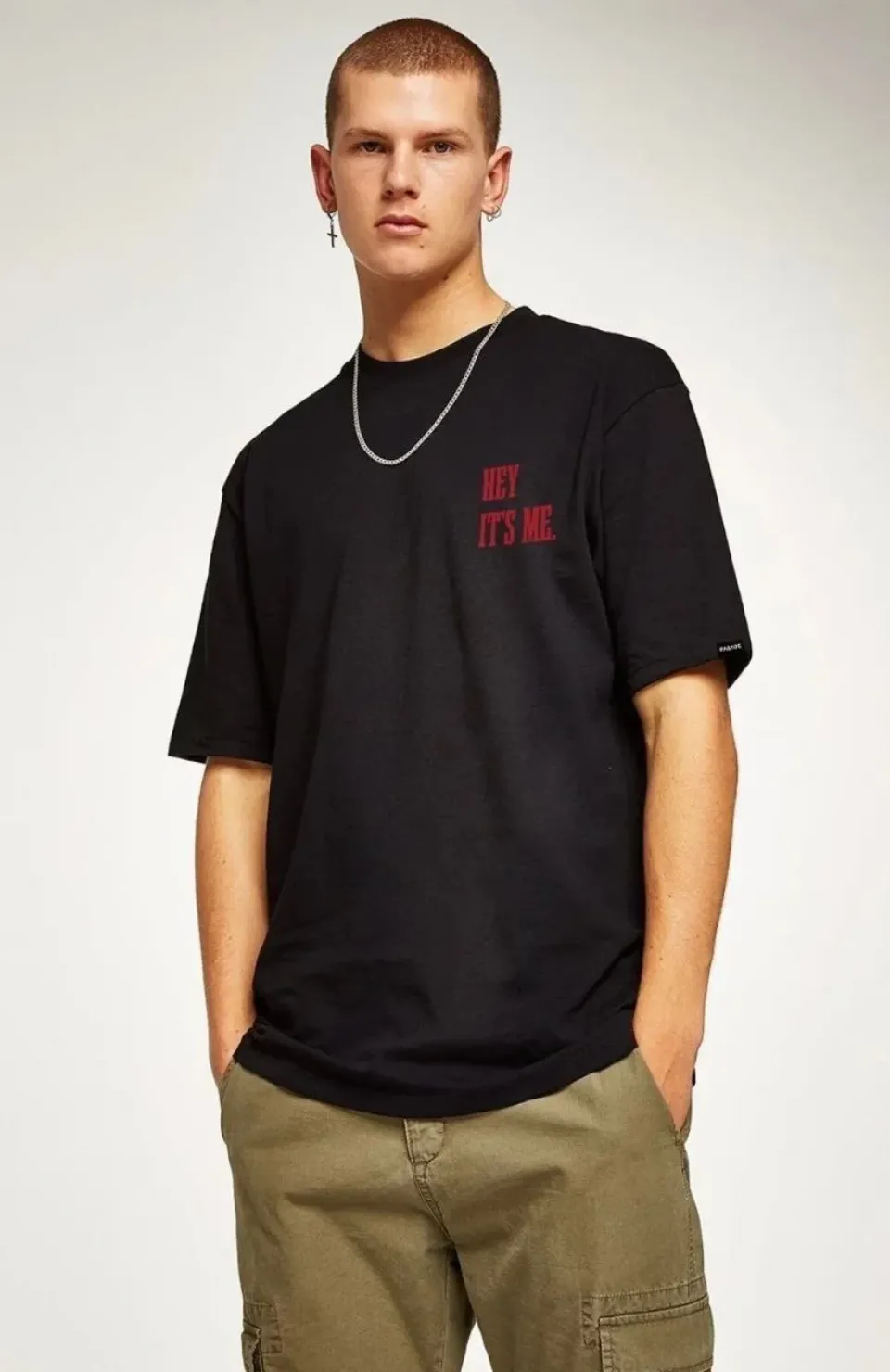 Unisex Bisiklet Yaka Oversize Baskılı T-Shirt - Siyah