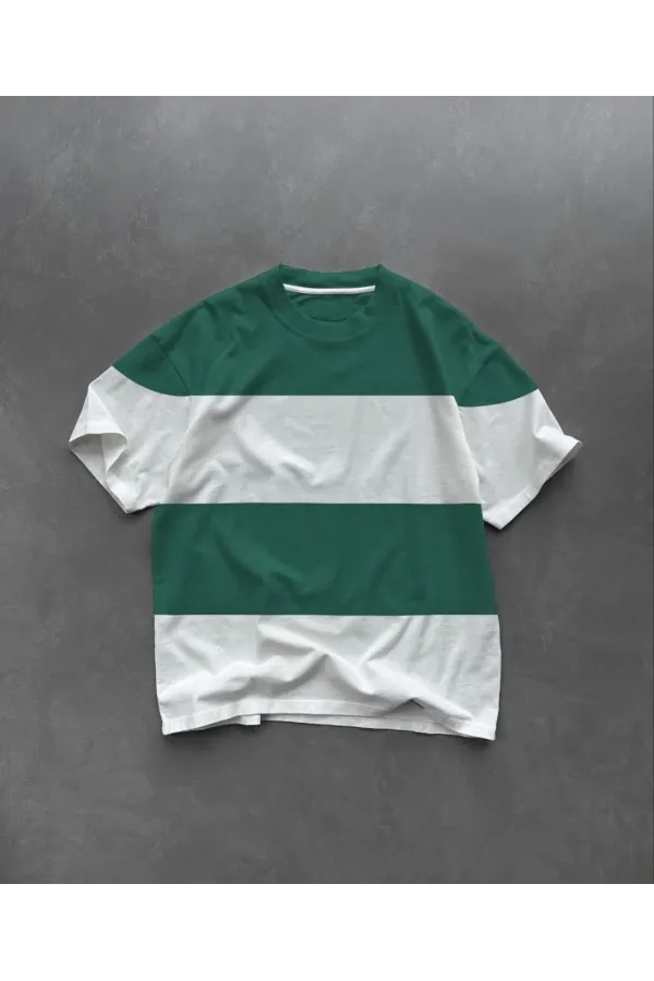 Unisex Bisiklet Yaka Parçalı T-Shirt - Yeşil